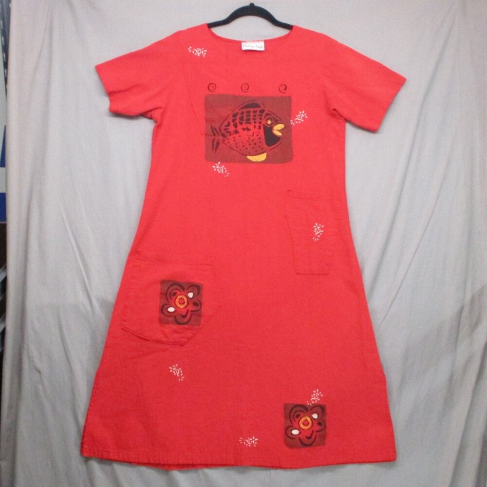 Crazy Fish 100% Linen T-Shirt Midi Dress Red Women Size | S